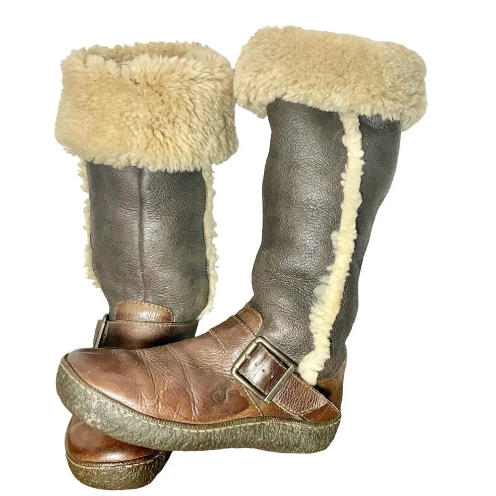 Vintage Born Western Leather Shearling Knee High Boots in Brown & Cream, Size 7